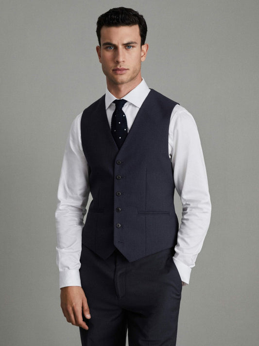 Modern Fit Wool Blend Waistcoat Navy | Men