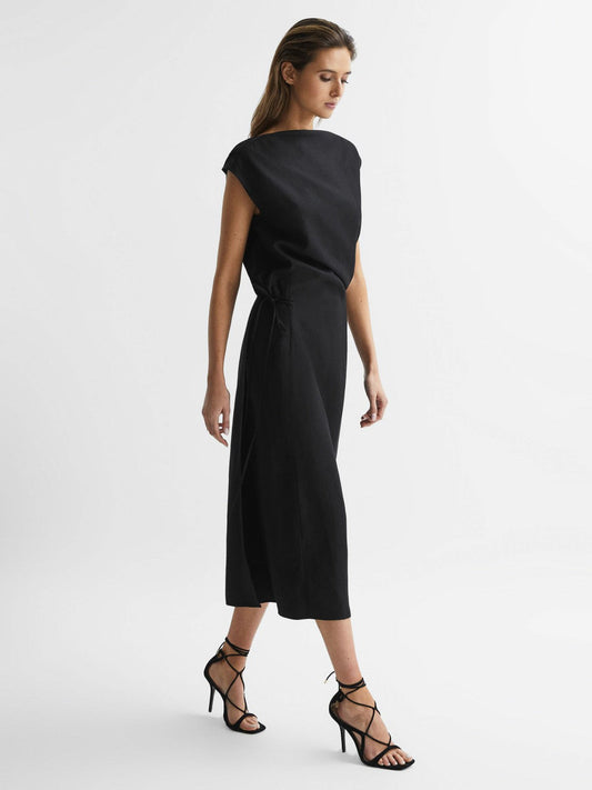 Premium Linen Blend Open-Back Midi Dress Black | Women