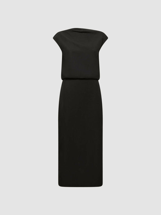 Premium Linen Blend Open-Back Midi Dress Black | Women