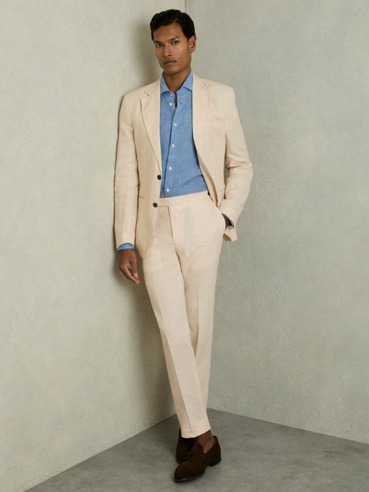 Slim Fit Linen Adjuster Trousers Stone | Men