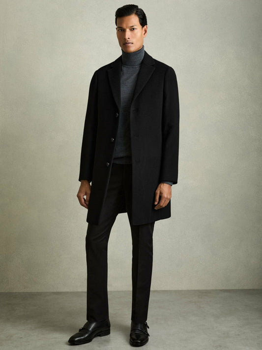 Wool Blend Single Breasted Epsom Overcoat Black | Men