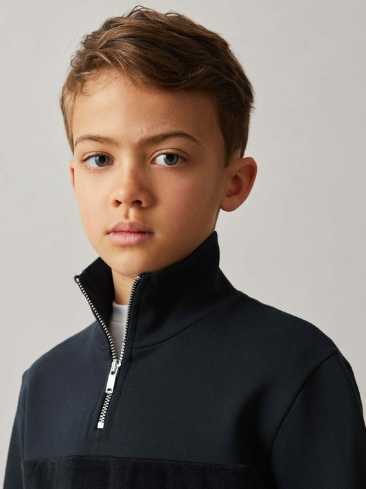 9-13 yrs Slim Fit Half-Zip Funnel Neck Velour Sweatshirt Navy | Children & Baby