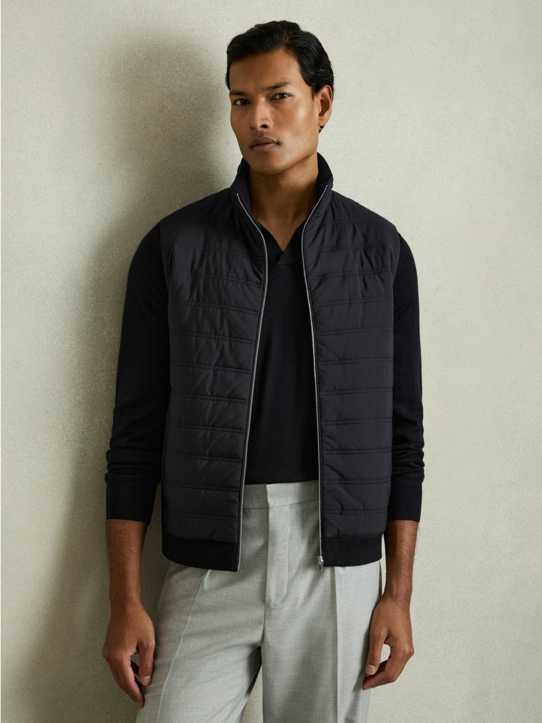 Hybrid Quilt and Knit Zip-Through Gilet Navy | Men