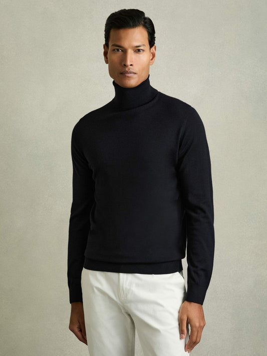 Slim Fit Merino Wool Roll Neck Jumper Navy | Men
