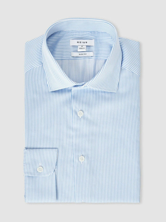 Slim Fit Cotton-Satin Cutaway-Collar Shirt Blue Stripe | Men