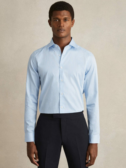 Slim Fit Cotton-Satin Cutaway-Collar Shirt Blue Stripe | Men