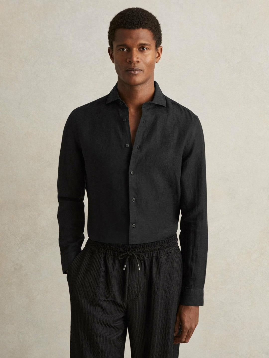 Linen Button-Through Shirt Black | Men