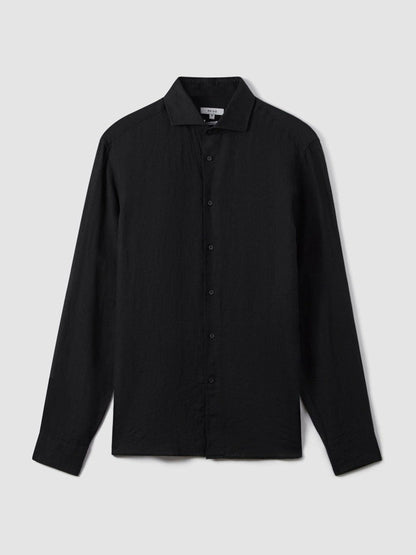 Linen Button-Through Shirt Black | Men