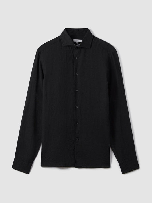 Linen Button-Through Shirt Black | Men
