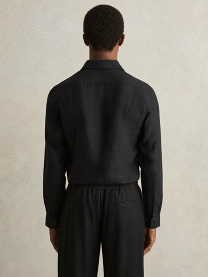 Linen Button-Through Shirt Black | Men