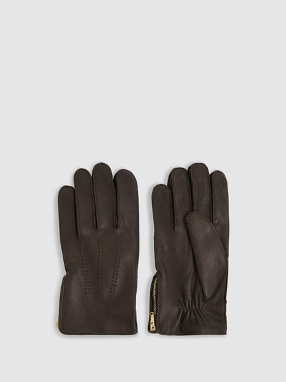 Leather Zip-Side Gloves Dark Brown | Men