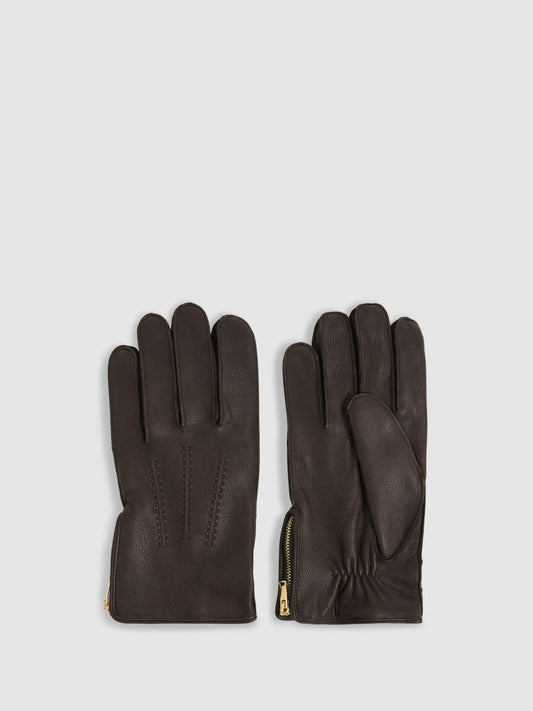 Leather Zip-Side Gloves Dark Brown | Men