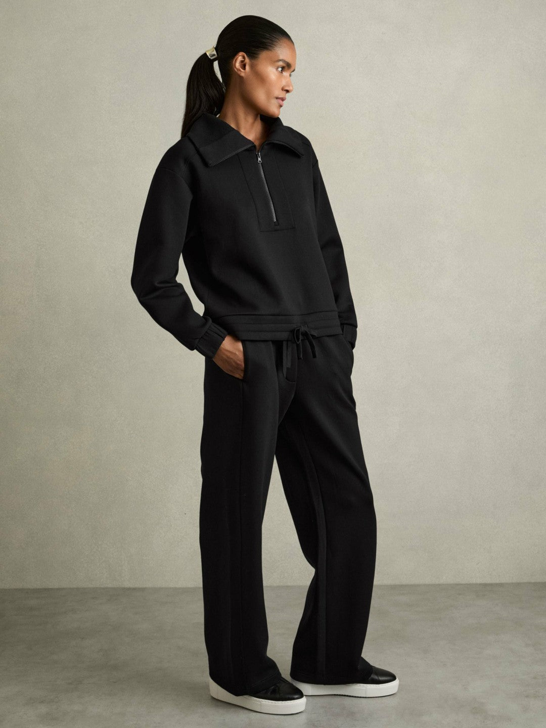 Interlock Half-Zip Drawstring-Hem Sweatshirt Black | Women