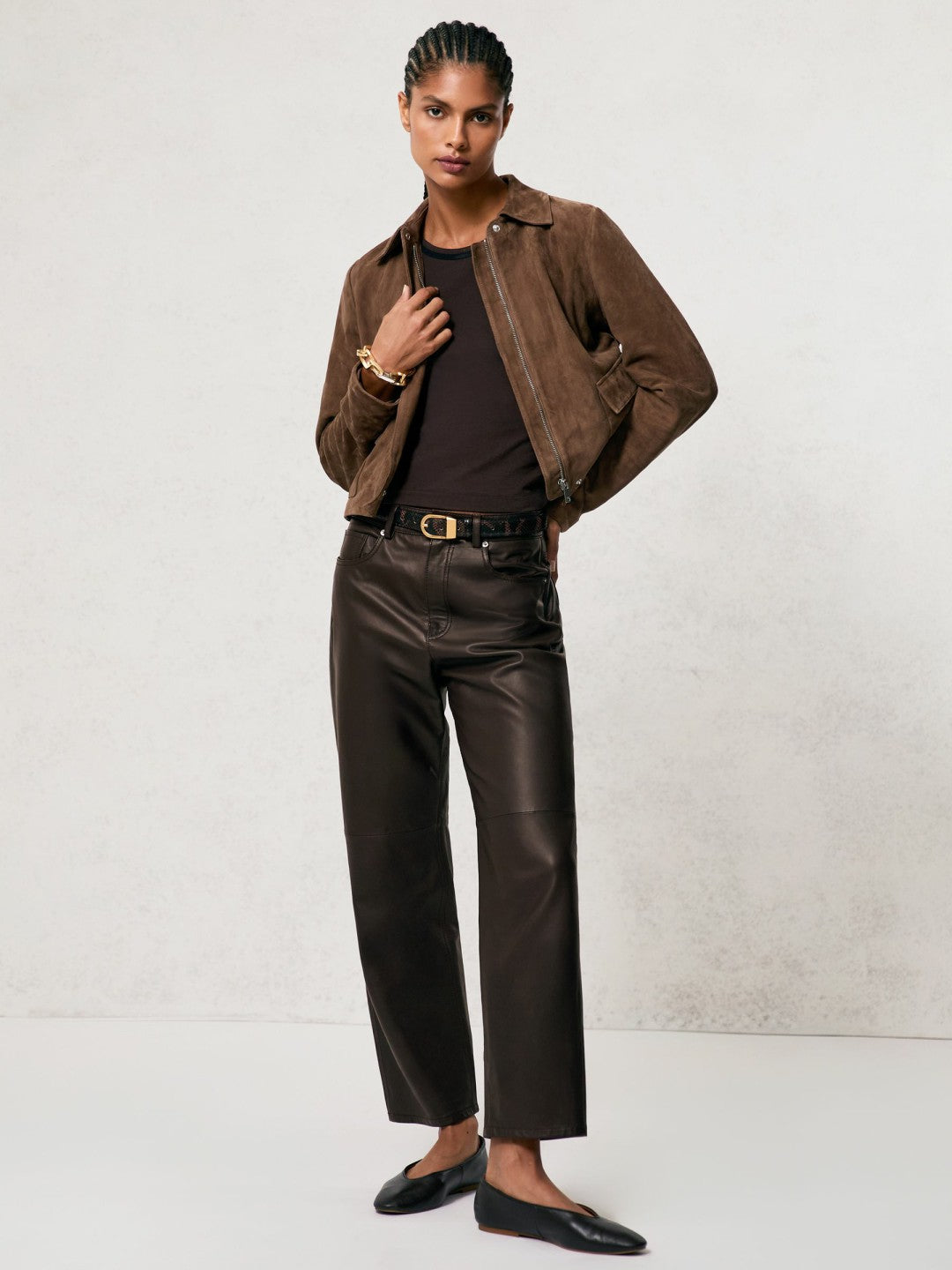 Leather Slim-Leg Trousers Chocolate | Women