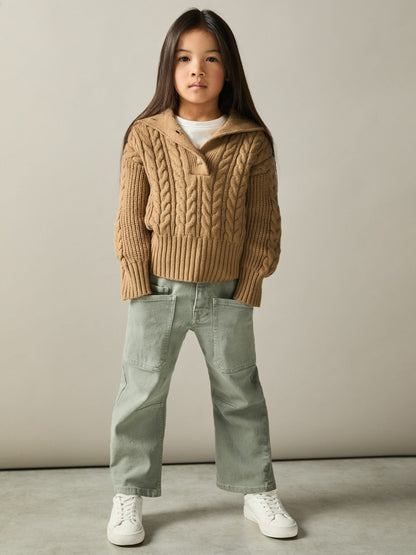 9-13 yrs Cotton-Blend Open-Collar Cable-Knit Jumper With Wool Camel | Children & Baby