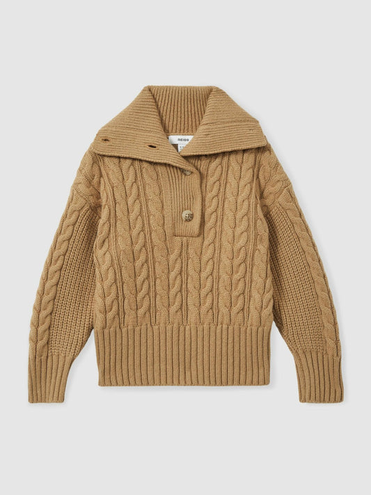 9-13 yrs Cotton-Blend Open-Collar Cable-Knit Jumper With Wool Camel | Children & Baby
