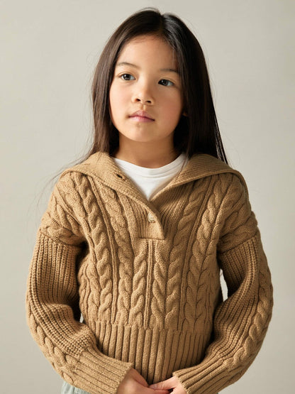 9-13 yrs Cotton-Blend Open-Collar Cable-Knit Jumper With Wool Camel | Children & Baby