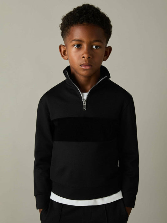 3-9 yrs Slim Fit Half-Zip Funnel Neck Velour Sweatshirt Black | Children & Baby