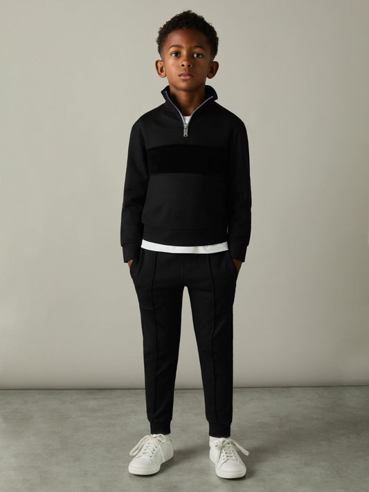 9-13 yrs Slim Fit Half-Zip Funnel Neck Velour Sweatshirt Black | Children & Baby