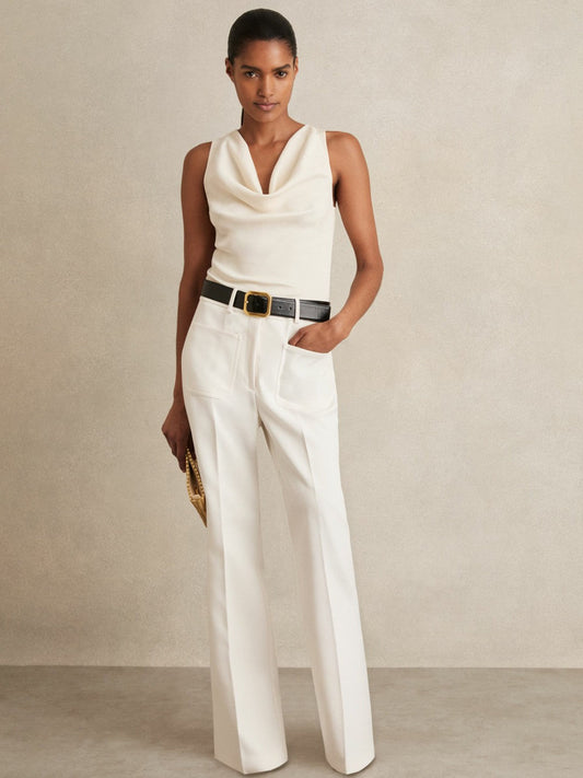 Petite Twill Patch-Pocket Flared Trousers Cream | Women