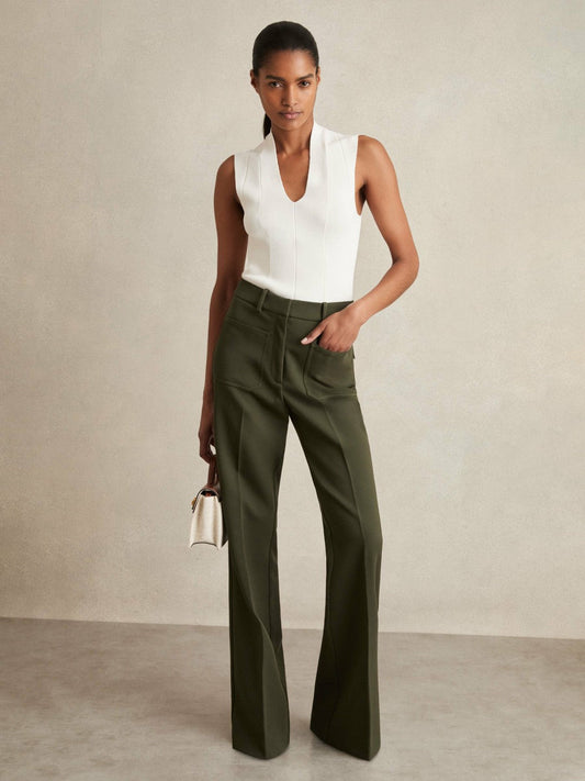 Petite Twill Patch-Pocket Flared Trousers Green | Women