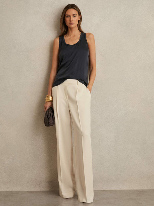 Elasticated-Waist Wide-Leg Twill Trousers Cream | Women