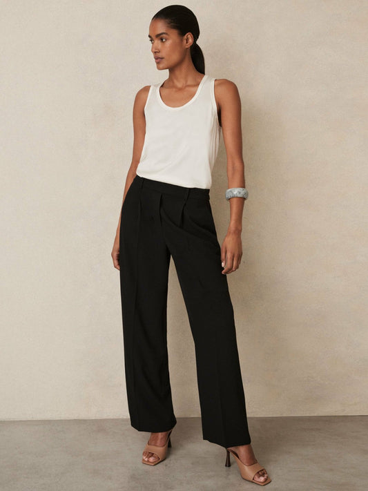 Elasticated-Waist Wide-Leg Twill Trousers Black | Women