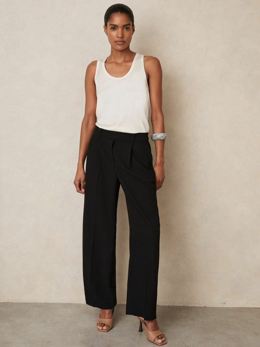 Petite Elasticated-Waist Wide-Leg Twill Trousers Black | Women