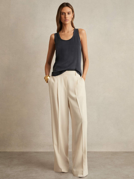 Petite Elasticated-Waist Wide-Leg Twill Trousers Cream | Women