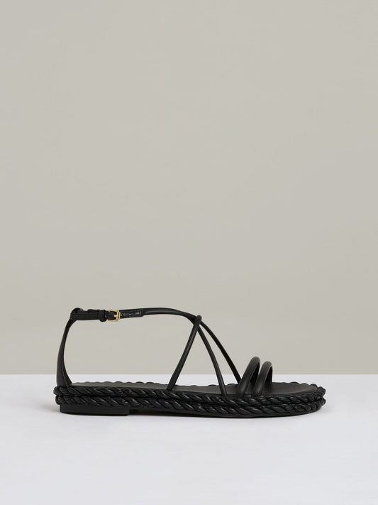 Leather Braided Flat Sandals Black | Women