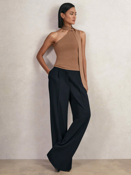 Petite Elasticated-Waist Wide-Leg Twill Trousers Navy | Women