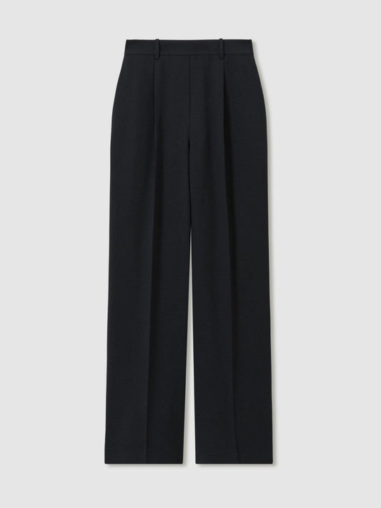 Petite Elasticated-Waist Wide-Leg Twill Trousers Navy | Women