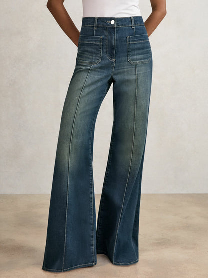 Petite Patch-Pocket Flared Jeans Mid Blue | Women