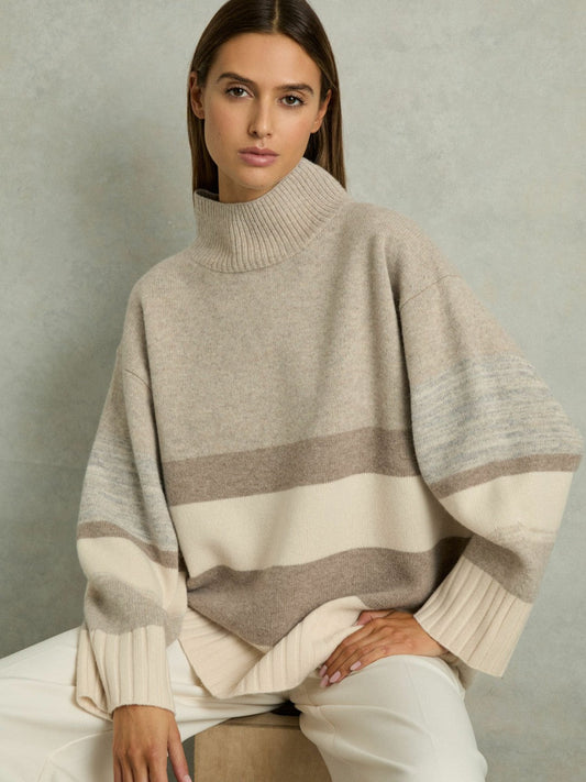 Wool Funnel-Neck Striped Jumper Neutral | Women