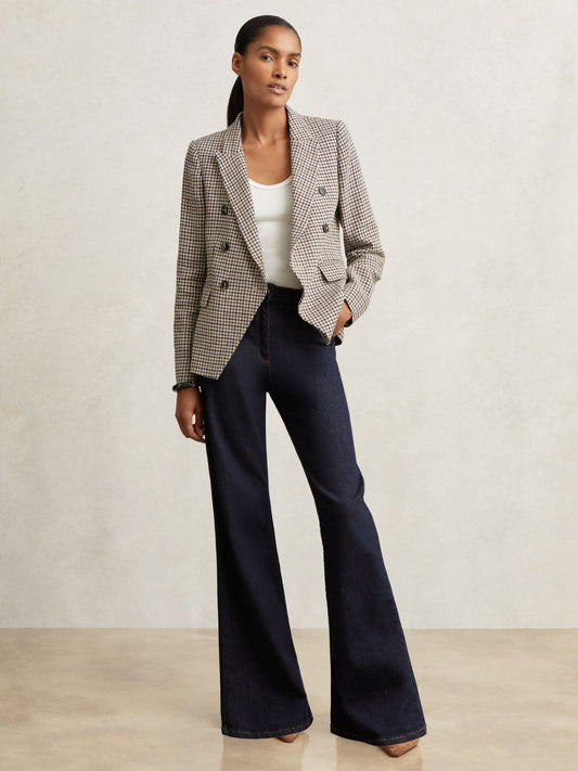Petite Cotton-Linen Double-Breasted Houndstooth-Check Blazer Navy Neutral Check | Women