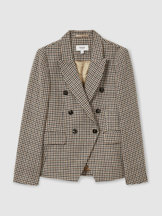 Petite Cotton-Linen Double-Breasted Houndstooth-Check Blazer Navy Neutral Check | Women