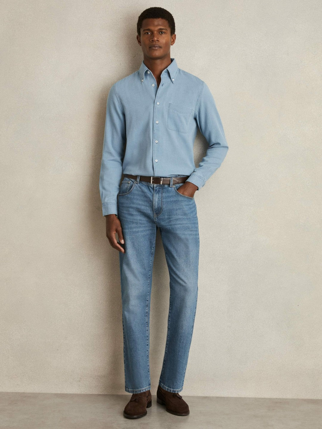 Cotton-Piqué Button-Down Chambray Shirt Washed Blue | Men