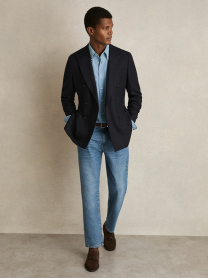 Cotton-Piqué Button-Down Chambray Shirt Washed Blue | Men