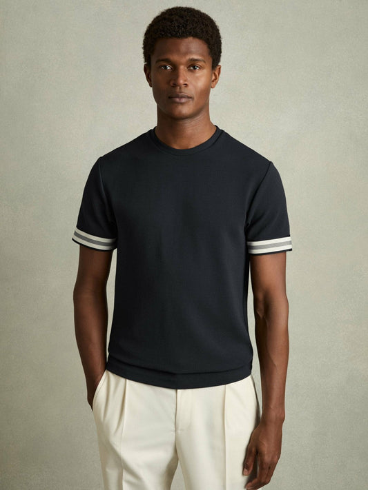 Tape-Cuff Textured T-Shirt Navy | Men