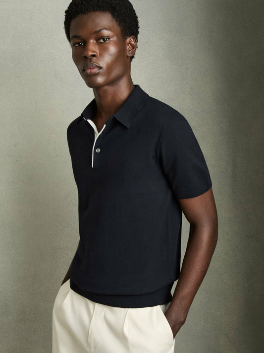 Contrast-Placket Polo Shirt With Cotton Navy | Men
