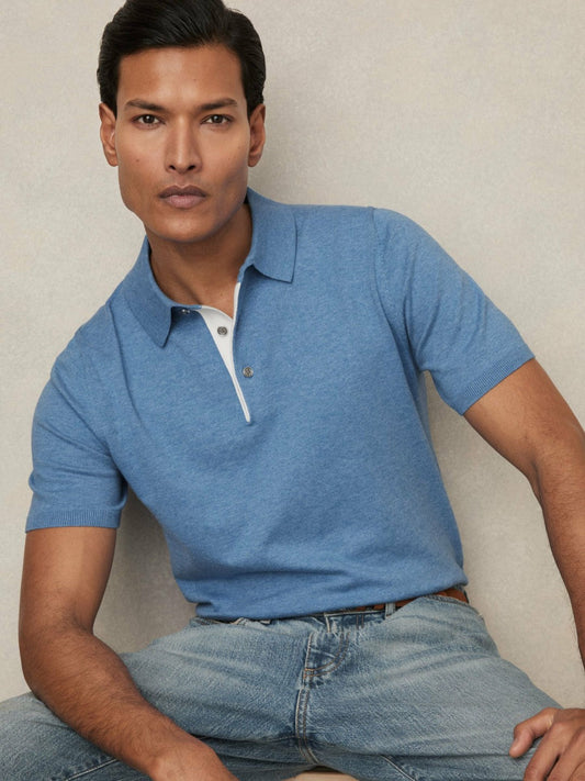 Contrast-Placket Polo Shirt With Cotton Blue | Men