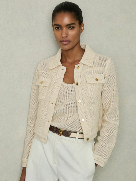 Cotton-Blend Textured Trucker Jacket Neutral | Women
