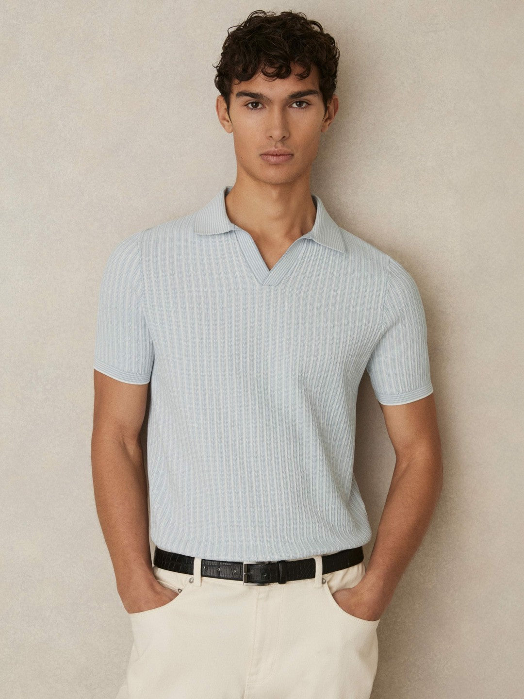 Open-Collar Textured Polo Shirt Soft Blue/White | Men