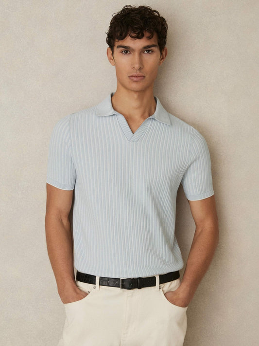 Open-Collar Textured Polo Shirt Soft Blue/White | Men