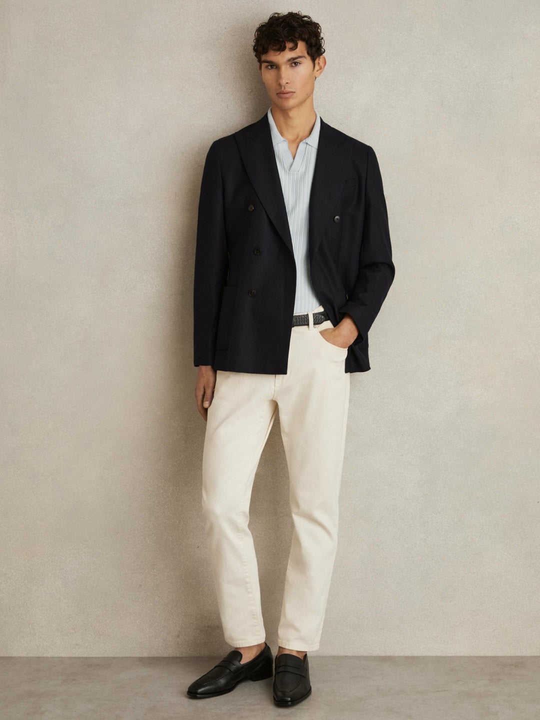Open-Collar Textured Polo Shirt Soft Blue/White | Men