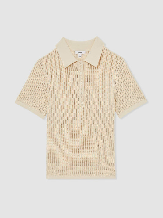 Cotton-Blend Open-Knit Polo Shirt Ivory | Women