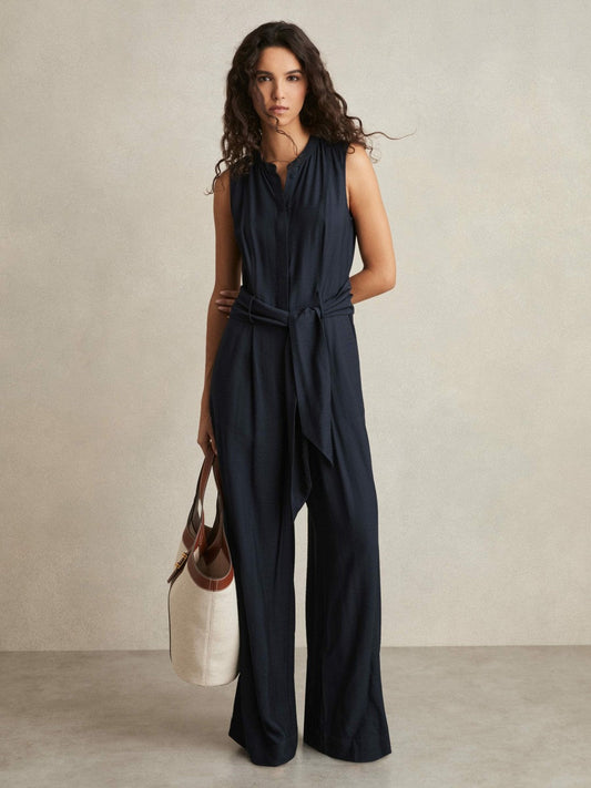 Wide-Leg Belted Jumpsuit Navy | Women