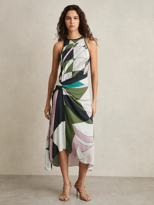 Geometric-Print Gathered Midi Dress Green | Women