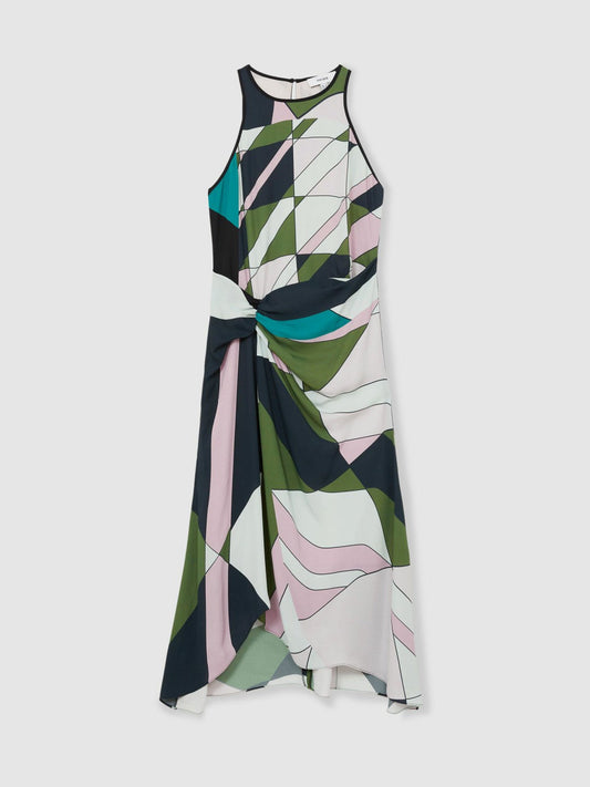 Geometric-Print Gathered Midi Dress Green | Women