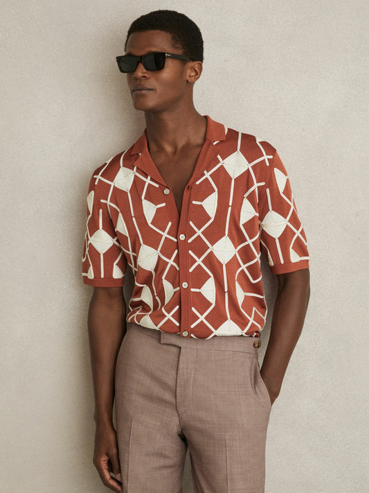 Geometric Embroidery Knit Shirt Paprika Red | Men